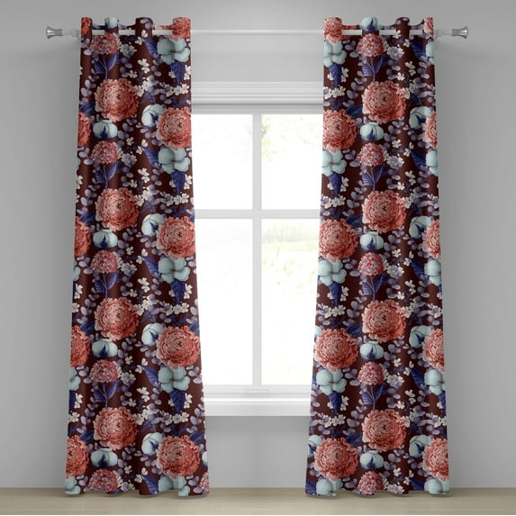 Ambesonne Flowers Grommet Curtain, Vintage Romantic Hydrengeas, 50"x84", Maroon Mauve Salmon