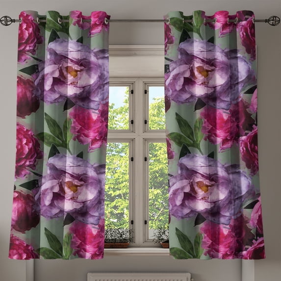 Ambesonne Flowers Grommet Curtain, Watercolor Abstract Peony, 50"x63", Mauve Hot Pink and Sage Green