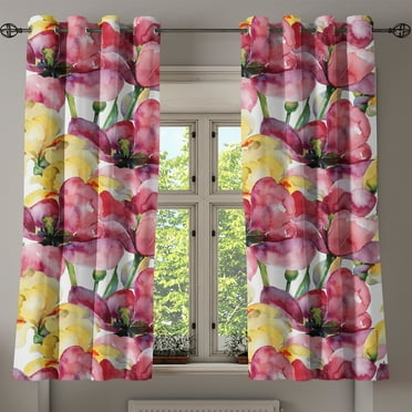 Ambesonne Flowers Grommet Curtain, Watercolor Tulip and Irises, 50"x60", Dried Rose Mustard
