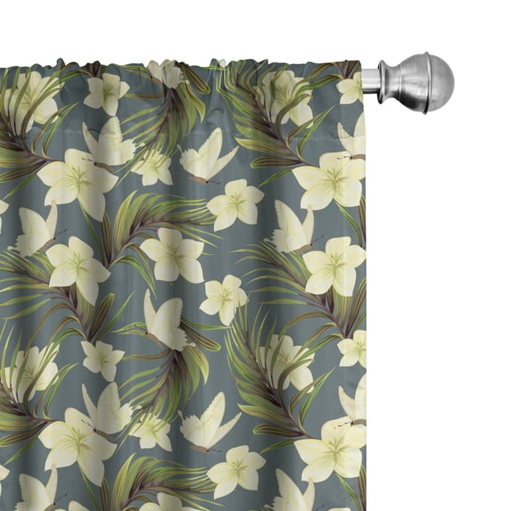 Ambesonne Flowers Insects Window Curtains, Tropic Palm Leaves, Each 28" W x 84" L, Grey Teal Olive Green