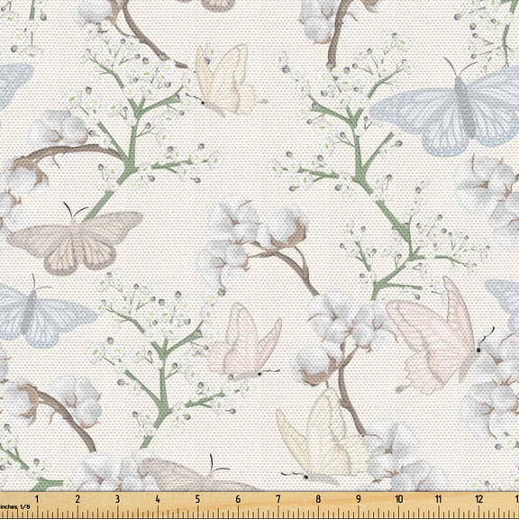 Ambesonne Flowers Insects Fabric by the Yard Upholstery, Pastel Butterflies, 1 Yard, Champagne and Multicolor