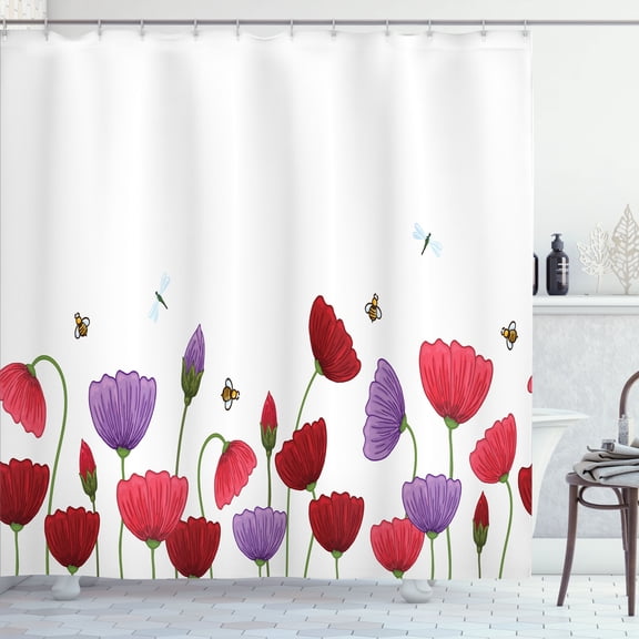 Ambesonne Flowers Insects Shower Curtain, Spring Flowers Bees, 69"Wx75"L, Ruby Coral Lavender