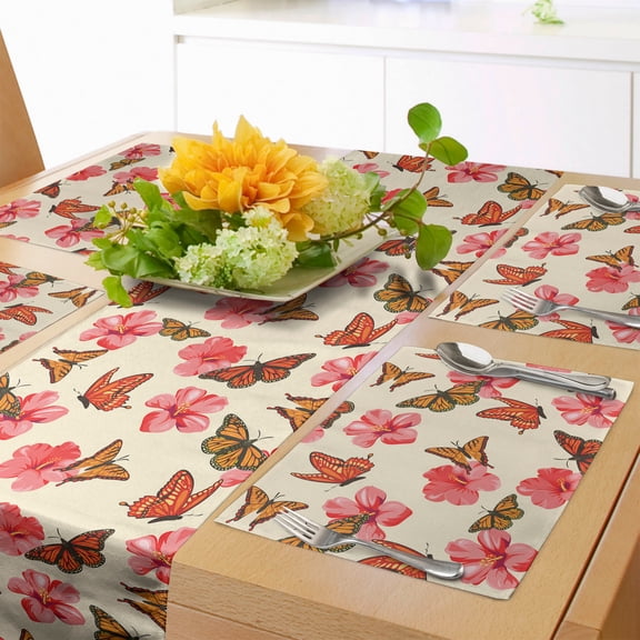 Ambesonne Flowers Insects Table Runner & Placemats, Hibiscus Monarch, Placemat 4 pcs + Runner 12"x72", Eggshell Coral and Orange