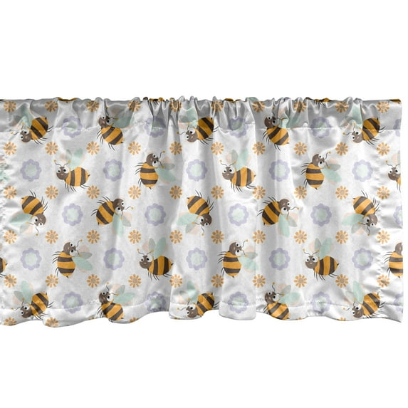 Ambesonne Flowers Insects Window Valance, Friendly Interpretations of Bees, Curtain Valance for Kitchen Bedroom Decor with Rod Pocket, 54" X 18", Champagne Multicolor
