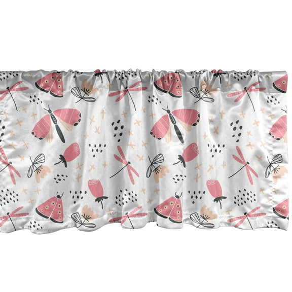 Ambesonne Flowers Insects Window Valance, Hand Drawn Print of Dragonflies in Pastel Tones, Curtain Valance for Kitchen Bedroom Decor with Rod Pocket, 54" X 12", Pink Peach
