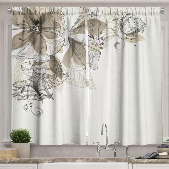 Ambesonne Flowers Kitchen Curtains, Buds Leaf Themed Print Art, 55"x39", Umber White