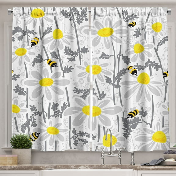 Ambesonne Flowers Kitchen Curtains, Daisy Leaf Spring Time, 55"x45", Yellow White