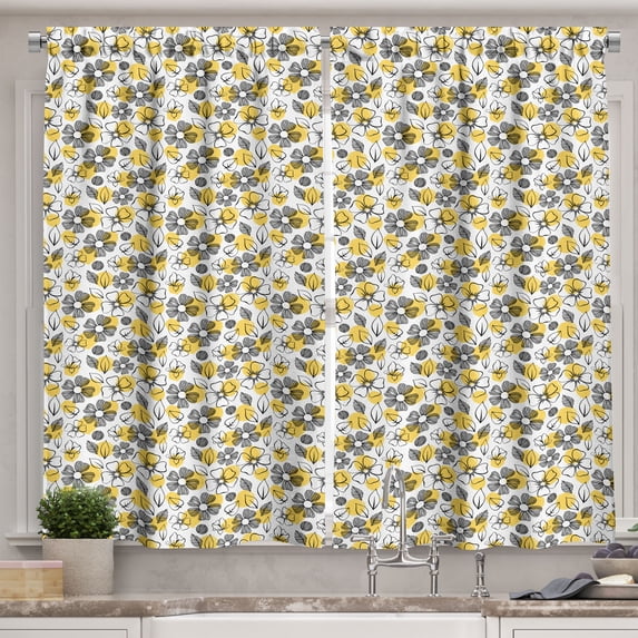 Ambesonne Flowers Kitchen Curtains, Leaves and Flora Scenery, 55"x45", Mustard Black and White