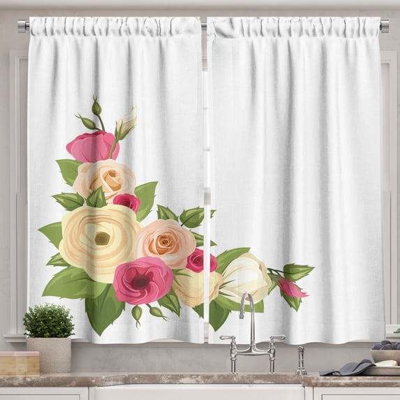 Ambesonne Flowers Kitchen Curtains, Ranunculus and Roses Design, 55"x39", Pink Cream Olive Green