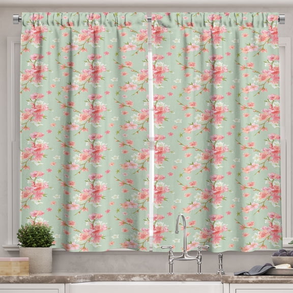 Ambesonne Flowers Kitchen Curtains, Retro Spring Blossoms, 55"x45", Mint Pink