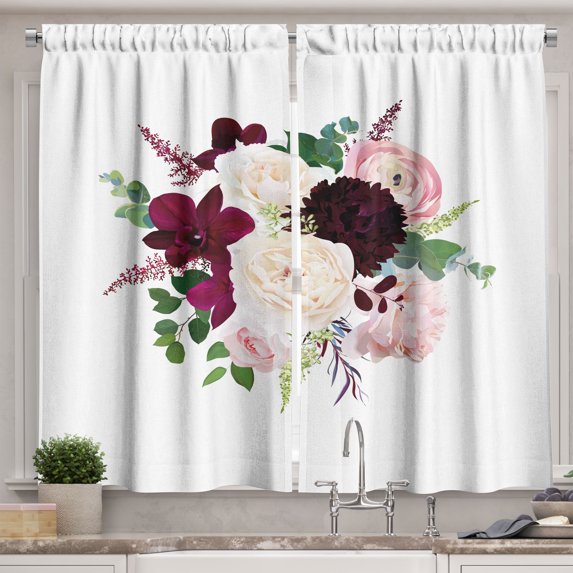 Ambesonne Flowers Kitchen Curtains, Romantic Floral Bouquet Art, 55"x45", Dark Fuchsia Ivory and Rose