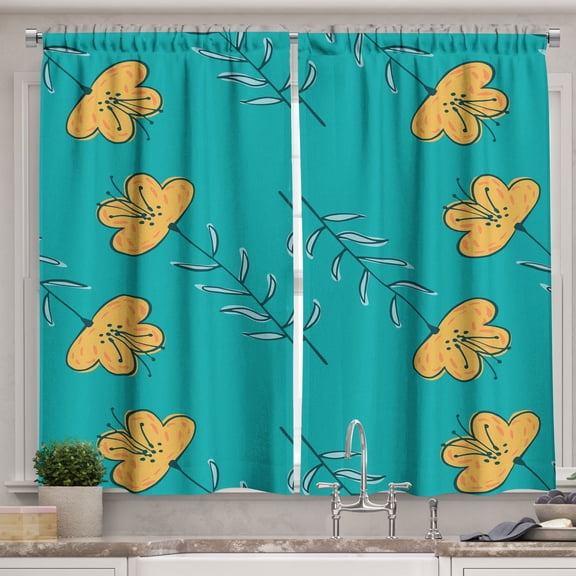 Ambesonne Flowers Kitchen Curtains, Springtime Meadow Blooms, 55"x30", Teal and Pale Orange