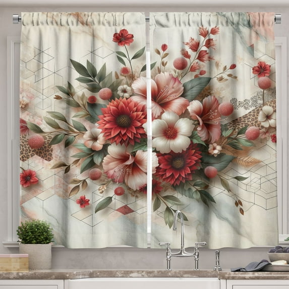 Ambesonne Flowers Kitchen Curtains, Tender Floral Marble Print, 55"x36", Pale Ruby and Laurel Green