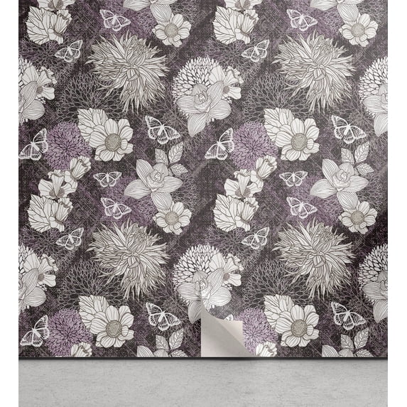 Ambesonne Flowers Peel & Stick Wallpaper for Home, Butterflies Dahlia Orchid, 13"x36", Off White Lilac Taupe