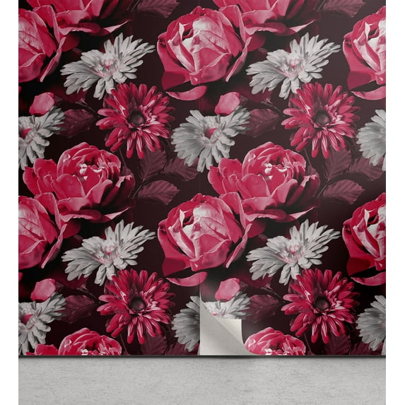 Ambesonne Flowers Peel & Stick Wallpaper for Home, Gerbera Roses Composition, 13"x100", Pink Dark Maroon and Grey
