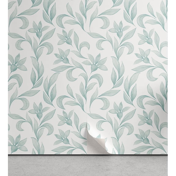 Ambesonne Flowers Peel & Stick Wallpaper for Home, Greenish Monochrome Floral, 13"x36", Coconut Dark Seafoam