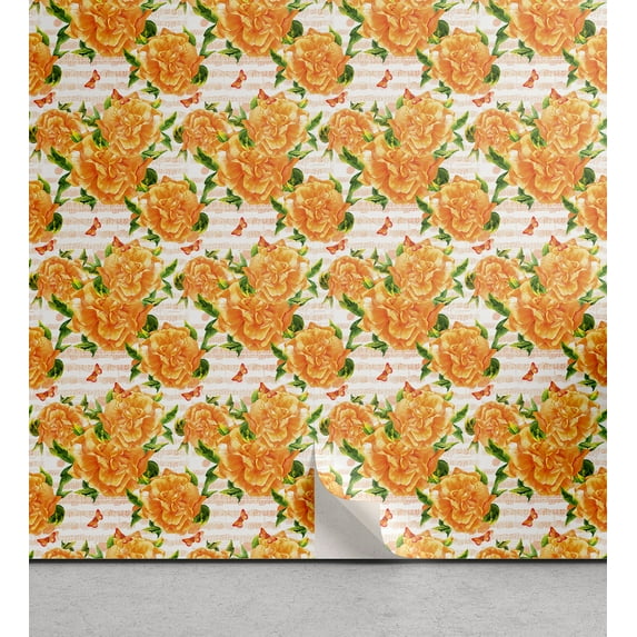 Ambesonne Flowers Peel & Stick Wallpaper for Home, Music with Floral Boho Art, 13"x100", Marigold Fern Green