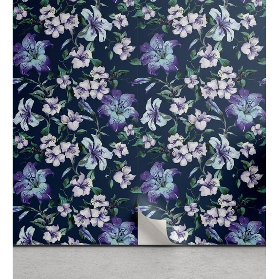 Ambesonne Flowers Peel & Stick Wallpaper for Home, Purplish Tiger Lilies Print, 13"x100", Violet Pale Lilac and Teal