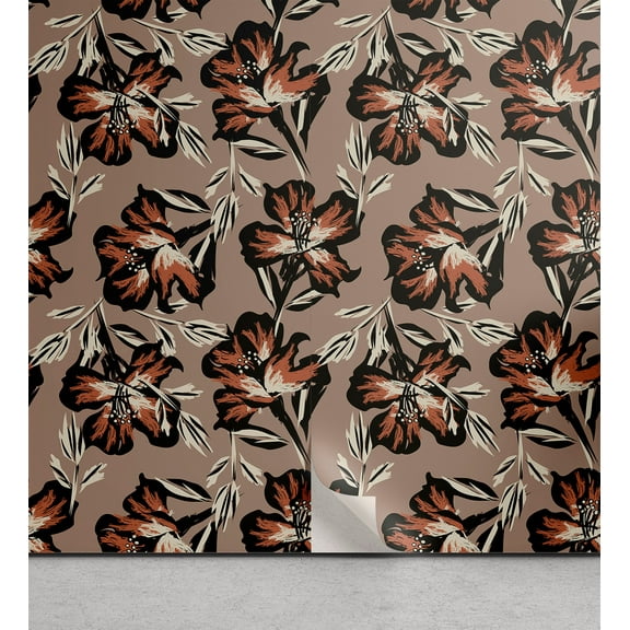 Ambesonne Flowers Peel & Stick Wallpaper for Home, Retro Earthy Tone Lilles, 13"x72", Warm Taupe and Pale Redwood