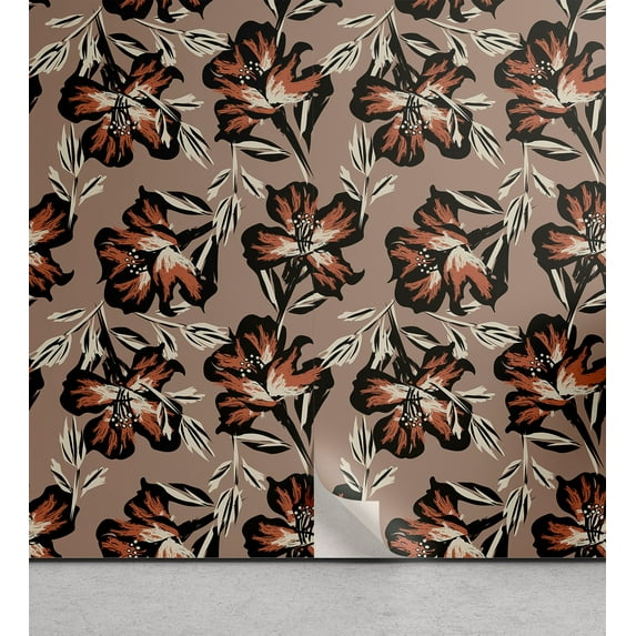 Ambesonne Flowers Peel & Stick Wallpaper for Home, Retro Earthy Tone Lilles, 13"x72", Warm Taupe and Pale Redwood