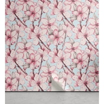 Ambesonne Flowers Peel & Stick Wallpaper for Home, Sakura Cherry Blossom Art, 13"x36", Soft Blue Pale Pink Grey