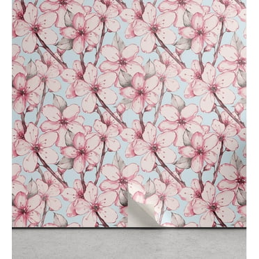 Ambesonne Flowers Peel & Stick Wallpaper for Home, Sakura Cherry Blossom Art, 13"x36", Soft Blue Pale Pink Grey