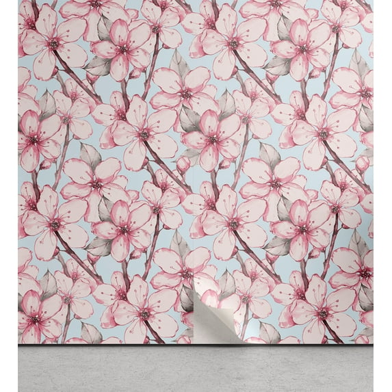 Ambesonne Flowers Peel & Stick Wallpaper for Home, Sakura Cherry Blossom Art, 13"x72", Soft Blue Pale Pink Grey