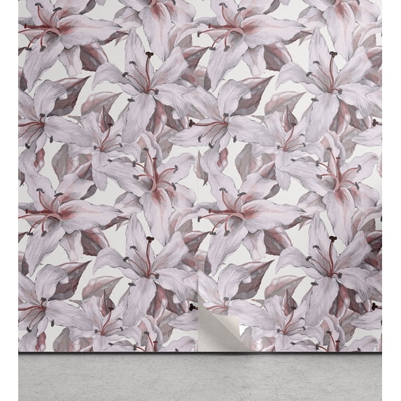 Ambesonne Flowers Peel & Stick Wallpaper for Home, Soft Lily Ornament Pastel, 13"x100", Coral Pale Mauve and Dimgray