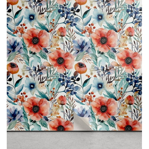 Ambesonne Flowers Peel & Stick Wallpaper for Home, Spring Blooming Floral Art, 13"x36", Dark Coral Ceil Blue