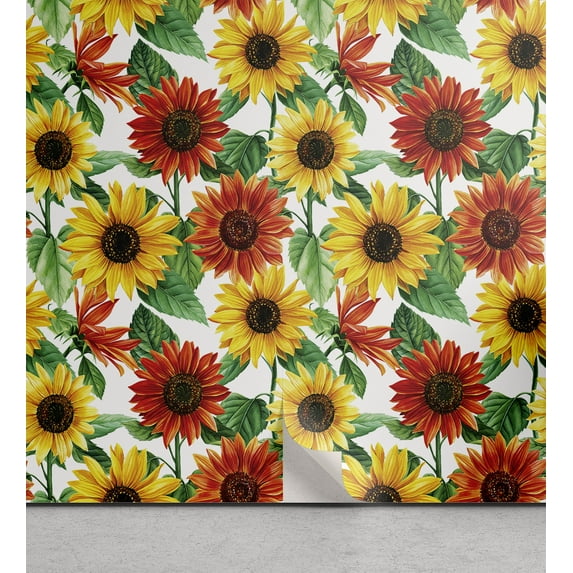 Ambesonne Flowers Peel & Stick Wallpaper for Home, Sunflower Gerbera Blooms, 13"x100", Scarlet Mustard and Green