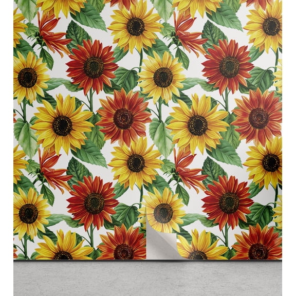 Ambesonne Flowers Peel & Stick Wallpaper for Home, Sunflower Gerbera Blooms, 13"x36", Scarlet Mustard and Green