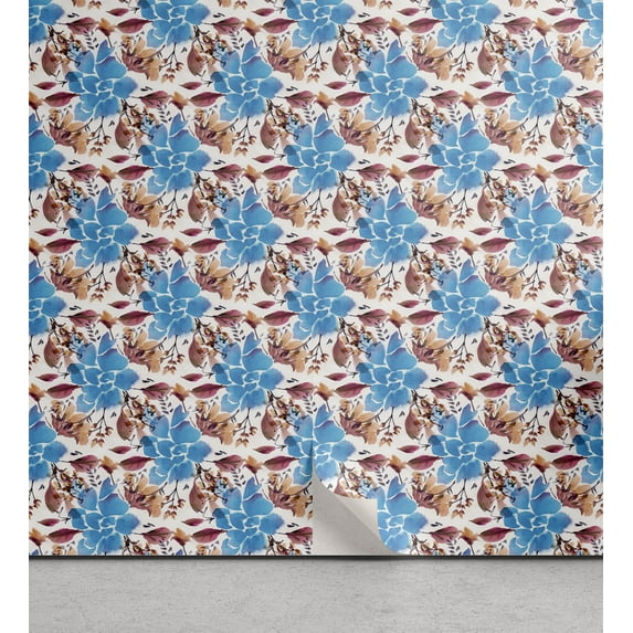 Ambesonne Flowers Peel & Stick Wallpaper for Home, Watercolor Neutral Floral, 13"x72", Deep Sky Blue Sand Brown