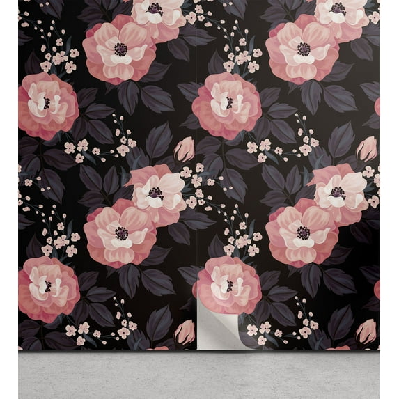 Ambesonne Flowers Peel & Stick Wallpaper for Home, Wild Roses Dark Floral Art, 13"x36", Dark Purple Grey Blush