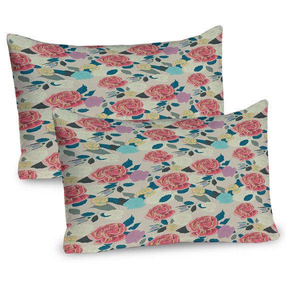Ambesonne Flowers Pillow Sham 2 Pack, Floral Colorful Grown Roses, 36"x20", Pale Taupe Pale Rust