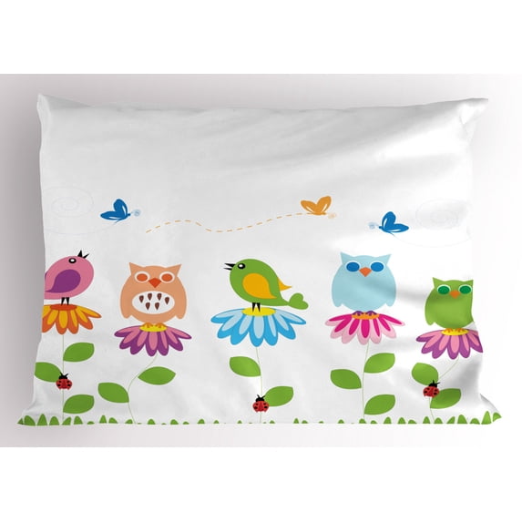 Ambesonne Flowers Pillow Sham, Cartoon Chamomile Birds, 36" X 20", Multicolor