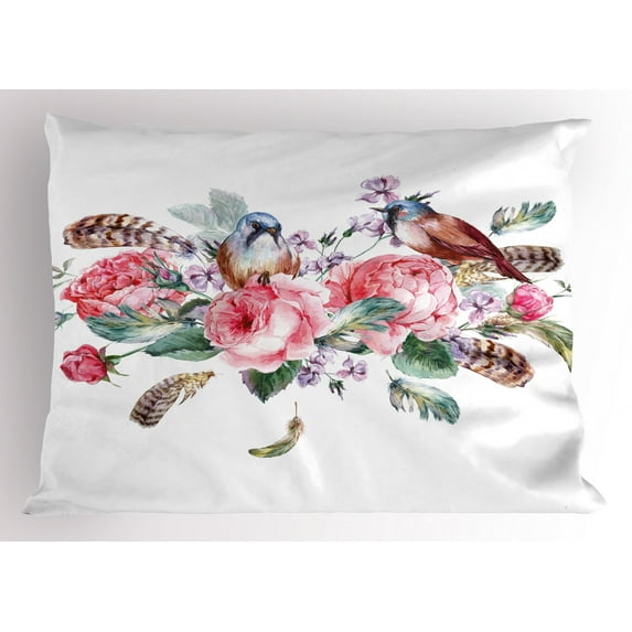 Ambesonne Flowers Pillow Sham, Vintage Roses Birds, 36" X 20", Coral and Reseda Green