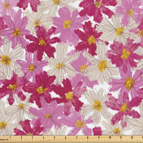 Ambesonne Flowers Print Fabric by the Yard Upholstery, Daisy Blossoms Art, 3 Yards, Eggshell Magenta Pink