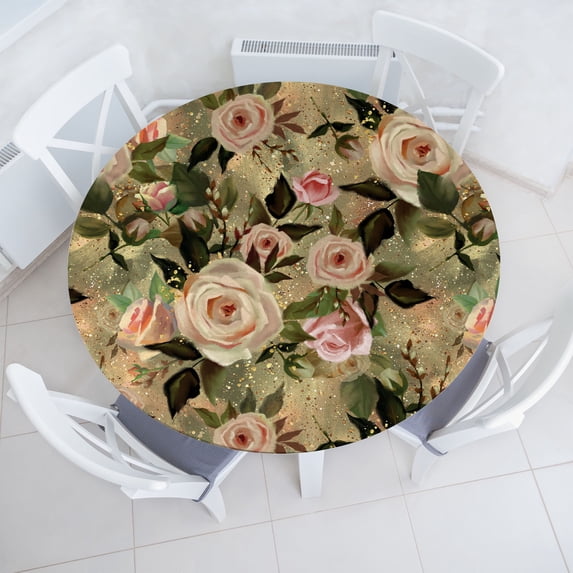 Ambesonne Flowers Print Fitted Round Tablecloth, Countryside Roses Art, 56"- 60" Diameter, Pale Rose Laurel Green