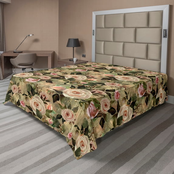 Ambesonne Flowers Print Flat Bedding Sheet Soft Top Sheet, Countryside Roses Art, Queen, Pale Rose Laurel Green