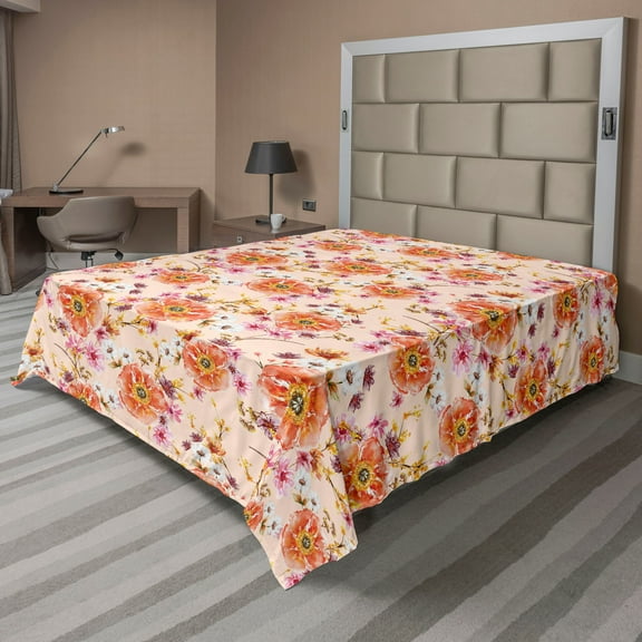 Ambesonne Flowers Print Flat Bedding Sheet Soft Top Sheet, Romantic Retro Floral, California King, Salmon Fuchsia and Pale Peach