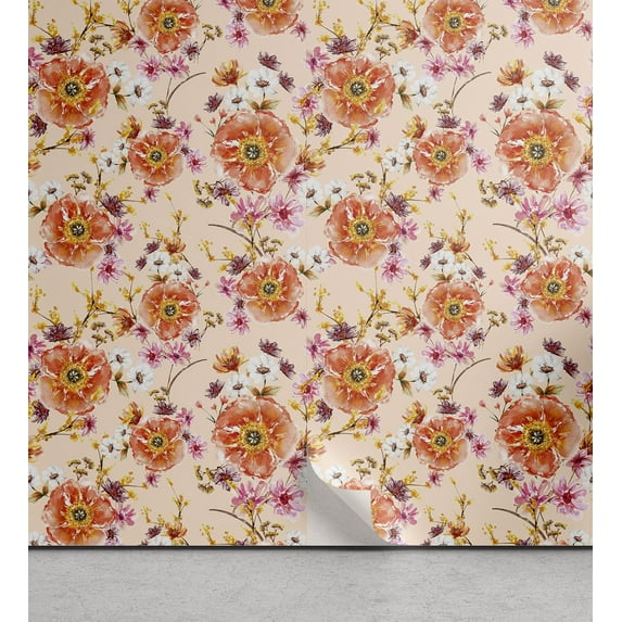 Ambesonne Flowers Print Peel & Stick Wallpaper for Home, Romantic Retro Floral, 13"x72", Salmon Fuchsia and Pale Peach
