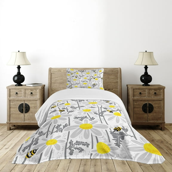 Ambesonne Flowers Quilted Bedspread Set 2 Pcs, Daisy Leaf Spring Time, Twin Size, Yellow White
