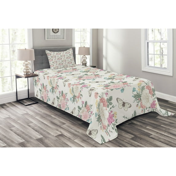 Ambesonne Flowers Quilted Bedspread Set 2 Pcs, Roses Bouquet, Twin Size, Pale Pink Green