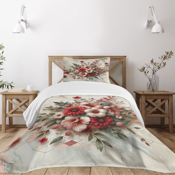 Ambesonne Flowers Quilted Bedspread Set 2 Pcs, Tender Floral Marble Print, Twin Size, Pale Ruby and Laurel Green