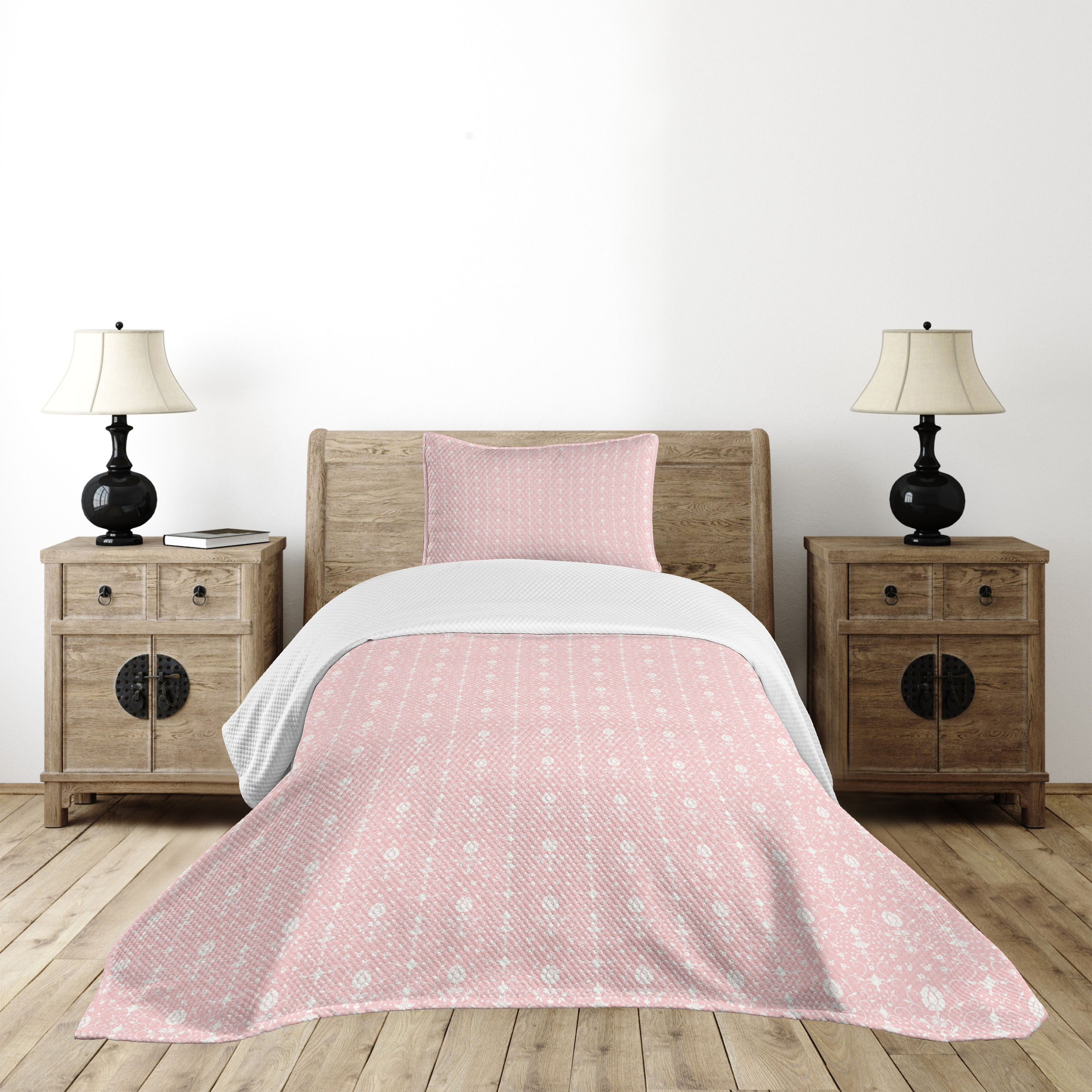 Pale Pink and White Damask Twin Bedspread Set