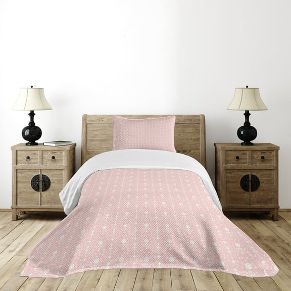 Ambesonne Flowers Quilted Bedspread Set 2 Pcs, Vintage Damask Home, Twin Size, Pale Pink White