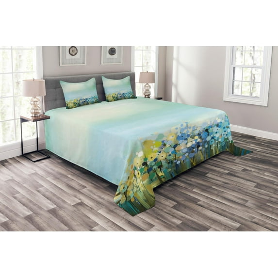 Ambesonne Flowers Quilted Bedspread Set 3 Pcs, Aqua Painting Effect, Queen Size, Pale Blue