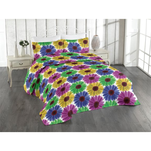 Ambesonne Flowers Quilted Bedspread Set 3 Pcs, Blooming Colorful Gerbera, Queen, Blue Purple Green