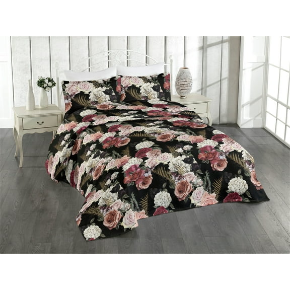 Ambesonne Flowers Quilted Bedspread Set 3 Pcs, Blossoming Roses Romantic, King, Black Multicolor
