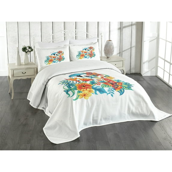Ambesonne Flowers Quilted Bedspread Set 3 Pcs, Exotic Jungle Foliage, Queen Size, Blue Turquoise Orange